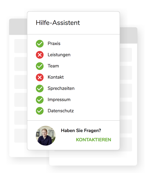 Mit unserem Hilfe-Assistent haben Sie Ihre Praxis-Webseite jederzeit im Blick. Er warnt Sie bei Problem und gibt hilfreiche Tipps für die Optimierung.