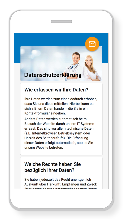 Alle Praxxio-Webseiten enthalten automatisch eine korrekte Datenschutz-Erklärung. Entsprechend der DSGVO und allen zukünftigen VOs!