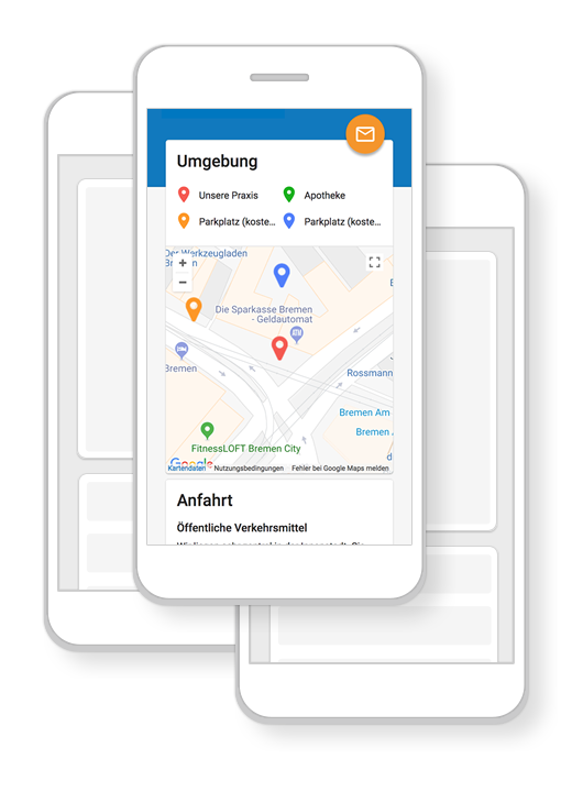 Zeigen Sie Ihren Patienten Ihre Praxis, Parkplätze und die nächste Apotheke auf einer Interaktiven Karte.